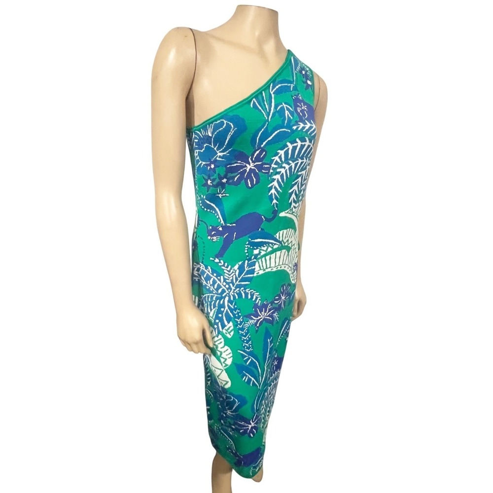 Farm Rio Jungle Panther One Shoulder Knit Midi Dress Cutout Boho Sz M